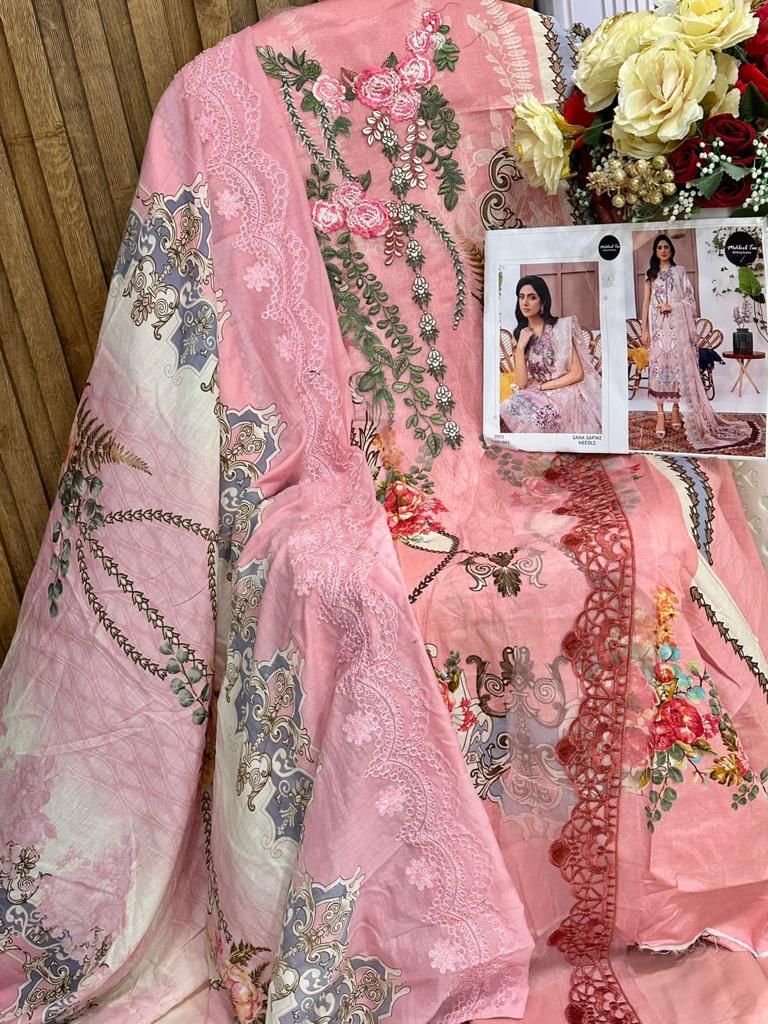 MEHBOOB M 1093  COTTON PRINTED WITH HEAVY EMBROIDERY PATCH DESIGNER PAKISTANI SUIT