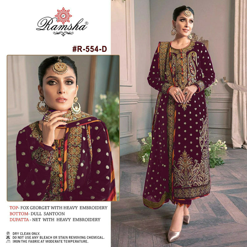 RAMSHA R-554-D PARTY WEAR GEORGETE HEAVY EMBROIDERY PAKISTANI SUIT  SINGLES