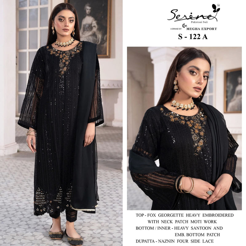 SERINE S-122 A GEORGETTE  HEAVY EMBROIDERED NECK PATCH MOTI WORK STYLISH DESIGNER PARTY WEAR PAKISTANI SUIT SPEICAL EID COLLETIONS SINGLES