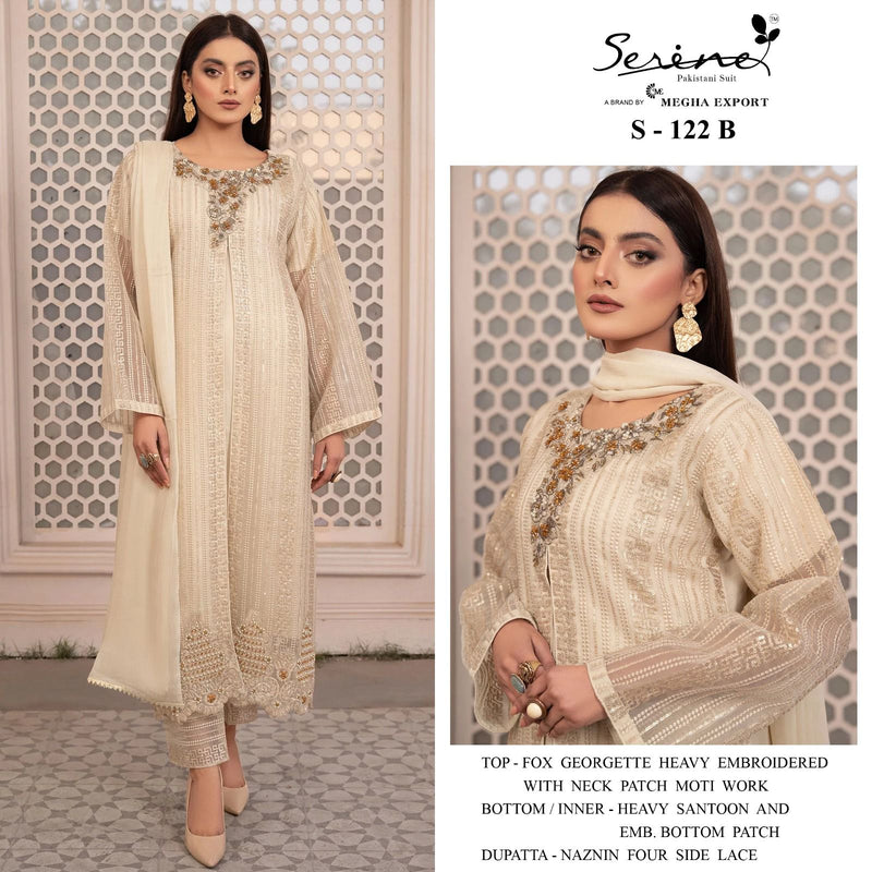 SERINE S-122 B GEORGETTE  HEAVY EMBROIDERED NECK PATCH MOTI WORK STYLISH DESIGNER PARTY WEAR PAKISTANI SUIT SPEICAL EID COLLETIONS SINGLES