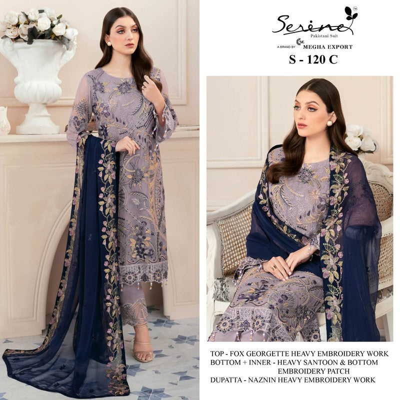 SERINE S-120 C GEORGETTE  HEAVY EMBROIDERED NECK PATCH MOTI WORK STYLISH DESIGNER PARTY WEAR PAKISTANI SUIT SINGLES