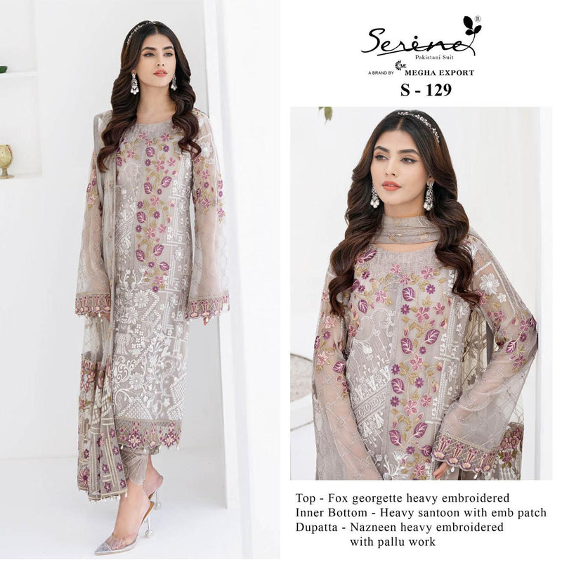 SERINE S-129 GEORGETTE HEAVY EMBROIDERED NECK PATCH MOTI WORK STYLISH DESIGNER PARTY WEAR PAKISTANI SUIT SINGLES