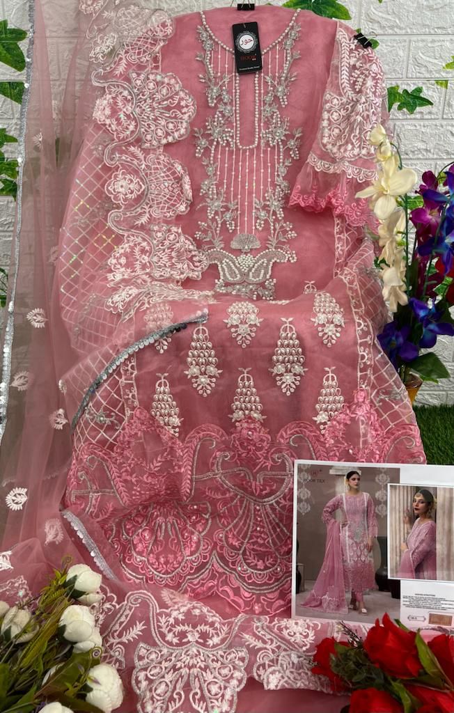HOOR TEX-OR-21-A ORGANZA EMBROIDERY BEAUTIFUL MOTI WORK PARTY WEAR PAKISTANI SUIT SINGLES