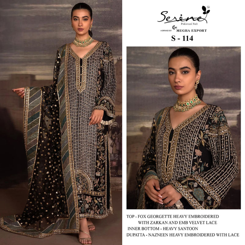SERINE S-114 GEORGETTE HEAVY EMBROIDERED ZARKAN AND EMB VELVET LACE DESIGNER PARTY WEAR PAKISTANI SUIT SINGLES