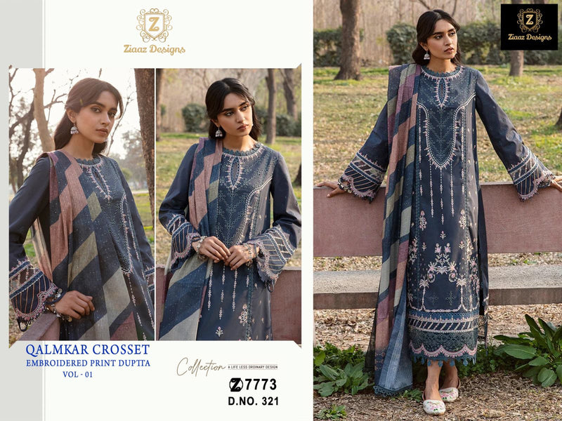 ZIAAZ 321 DESIGN COTTON SELF EMBROIDERRD VERY BEAUTIFUL AND DIFFERENT SHADE OUTFIT WITH FULL WORK AN VERY SOFT PRINTED DUPATTA
