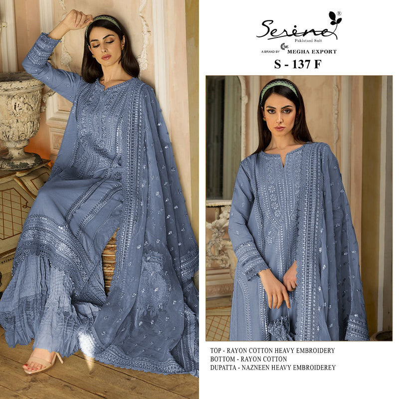 SERINE S 137 F RAYON COTTON NAZNEEN HEAVY EMBROIDERED FOUR SIDE LACE PAKISTANI SUIT SINGLES