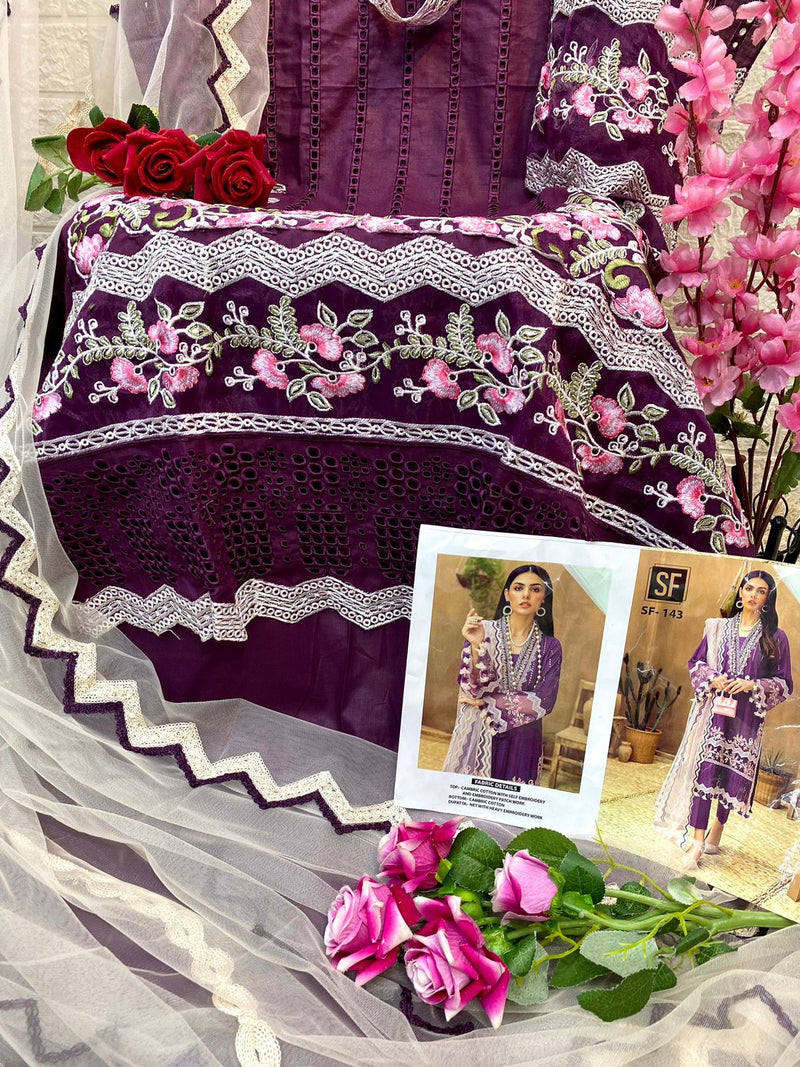 S F FASHION SF 143 CAMBRIC COTTON WITH SELF EMBROIDERY WORK AND PATCH WORK PAKISTANI SUIT