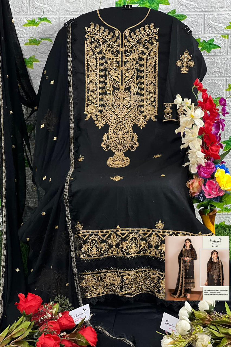 SERINE S 167 COTTON HEAVY EMBROIDERERY WORK WITH GPO LACE PAKISTANI SUIT SINGLES