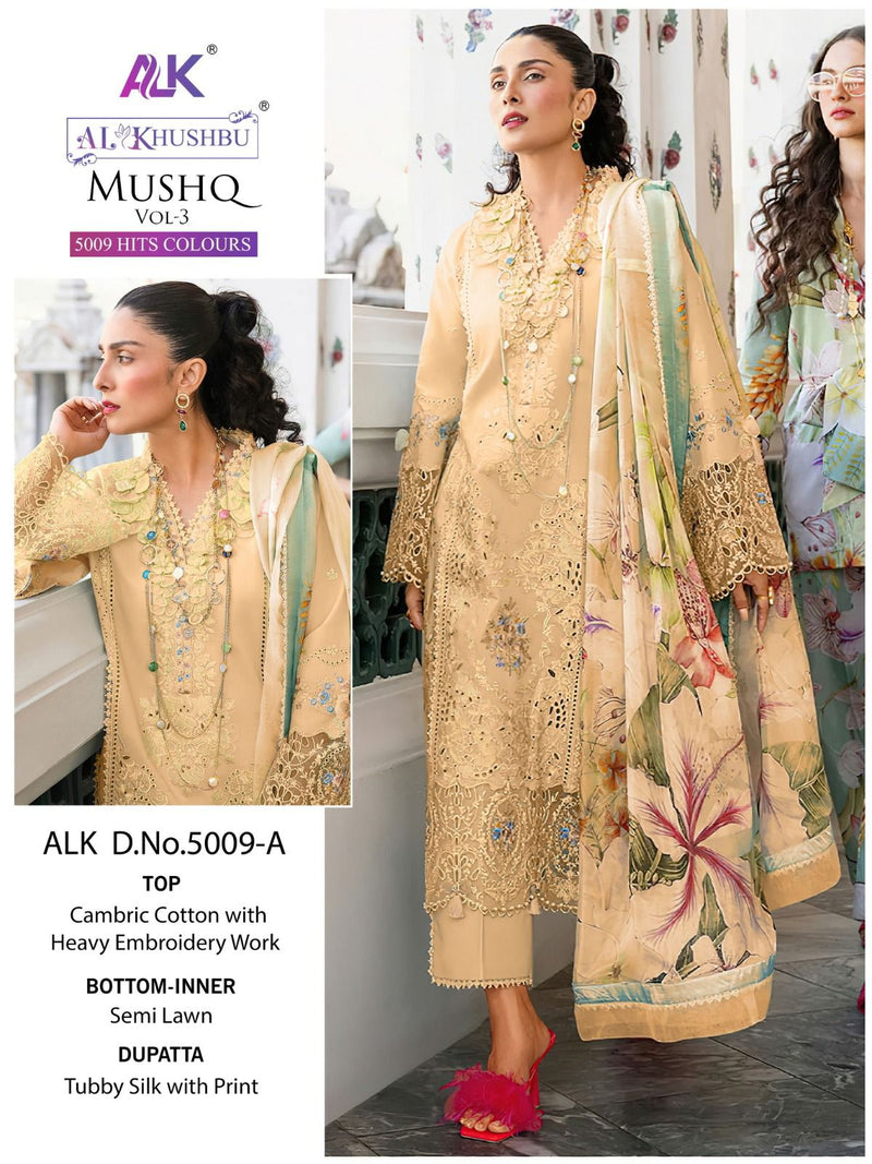 AL KHUSHBU ALK 5009 A  PURE CAMBRIC COTTON WITH HEAVY EMBROIDERY WITH MOTHI PAKISTANI SUIT SINGLES