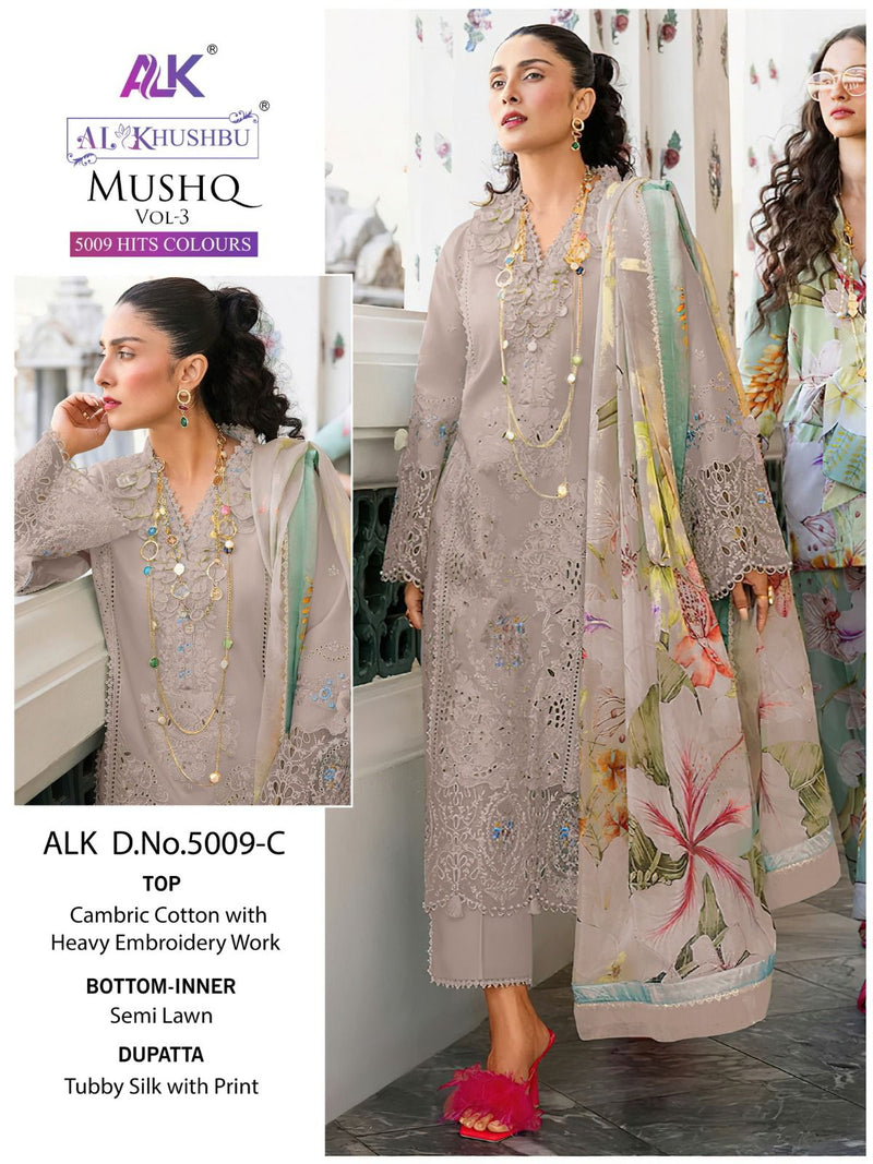 AL KHUSHBU ALK 5009 C  CAMBRIC COTTON WITH HEAVY EMBROIDERY WITH MOTHI WORK PAKISTANI SUIT SINGLES