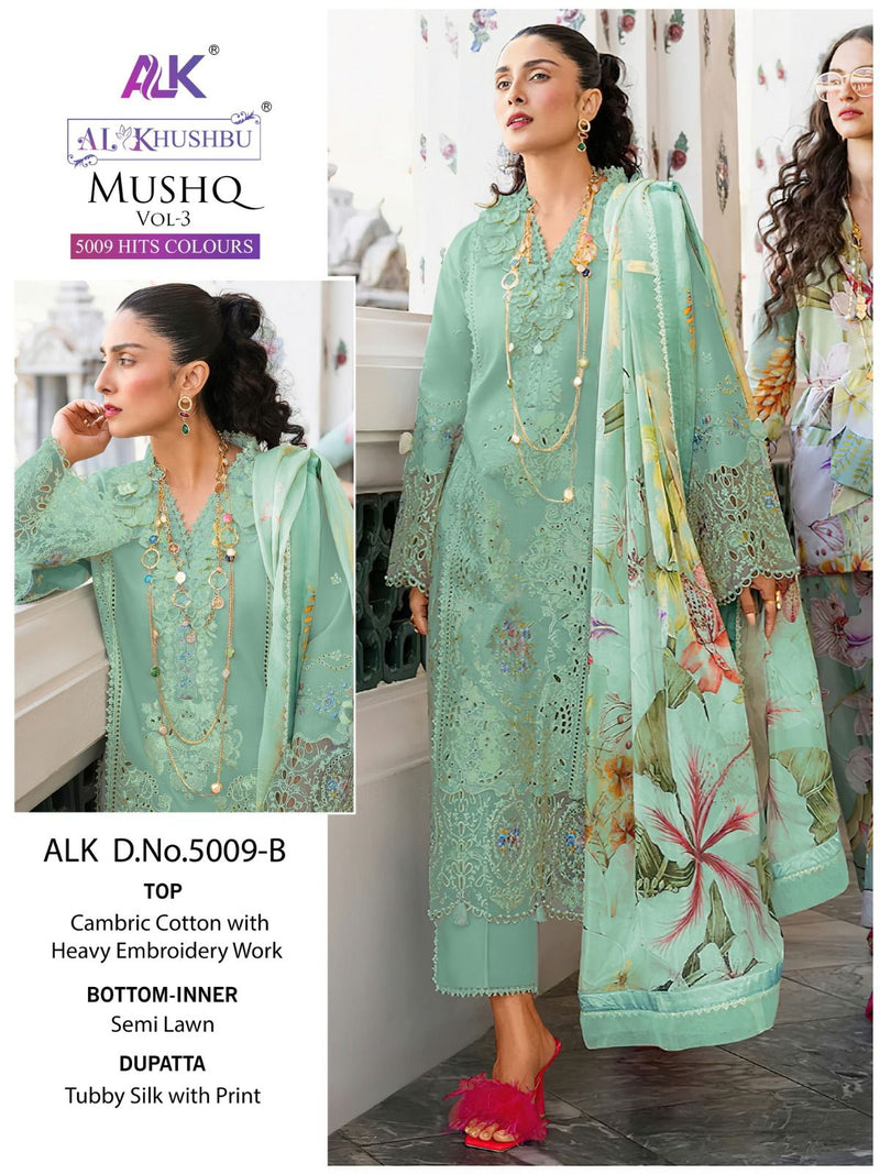AL KHUSHBU ALK 5009 B  CAMBRIC COTTON WITH HEAVY EMBROIDERY WITH MOTHI PAKISTANI SUIT SINGLES