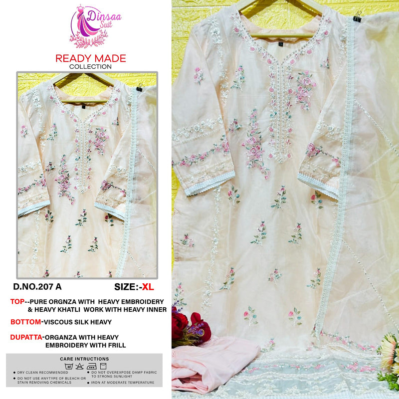 DINSAA 207 A ORGANZA  WITH  HEAVY EMBROIDERY & HEAVY KHATLI  WORK WITH HEAVY INNER PAKISTANI KURTI