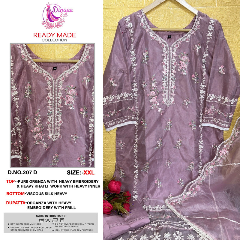 DINSAA 207 D ORGANZA  WITH  HEAVY EMBROIDERY & HEAVY KHATLI  WORK WITH HEAVY INNER PAKISTANI KURTI