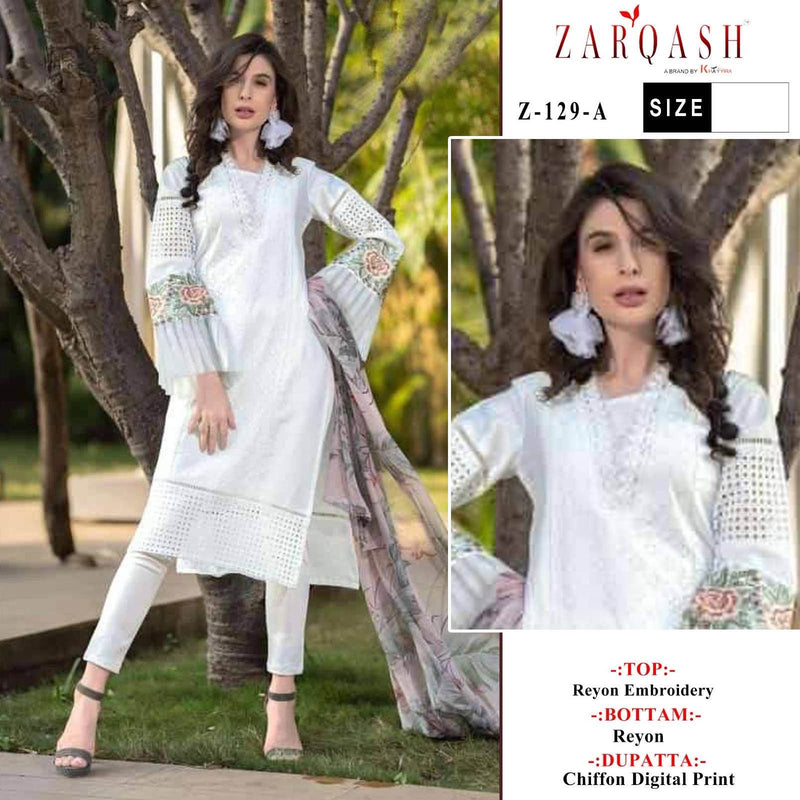 ZARQASH Z 129 A  REYON COTTON WITH EMBROIDERY DESIGNER STYLISH PATTERN WITH FANCY PANT PAKISTANI KURTI