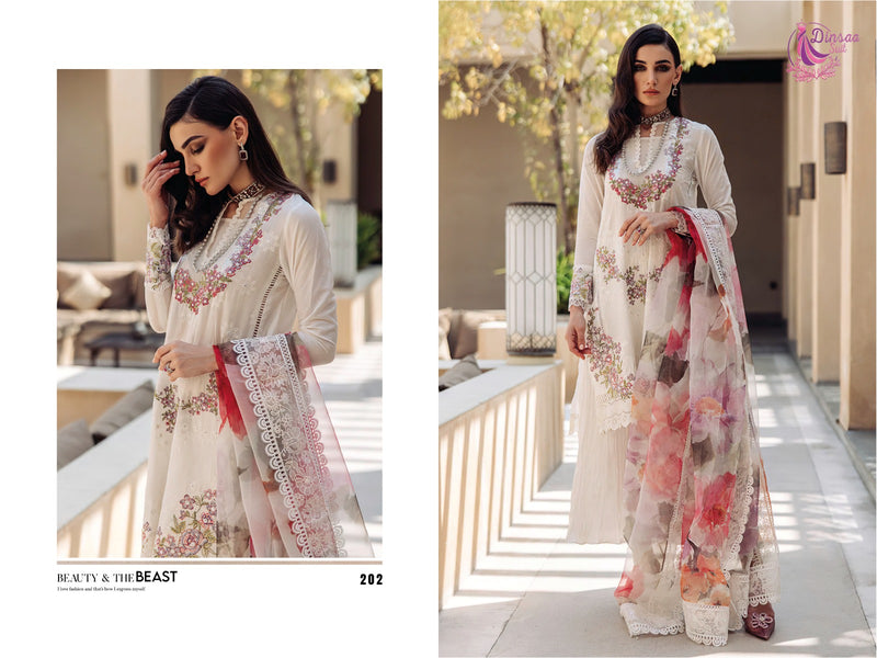 DINSAA 202 COTTON WITH HEAVY SELF EMBRODEREY WITH HAND WORK PAKISTANI SUIT SINGLES