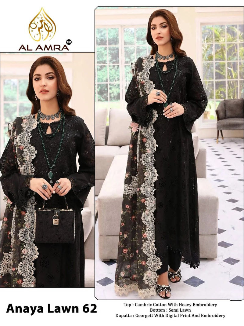 AL AMRA 62 CAMBRIC COTTON WITH HEAVY EMBROIDERED DESIGNER STYLISH PAKISTANI SUIT SINGLES