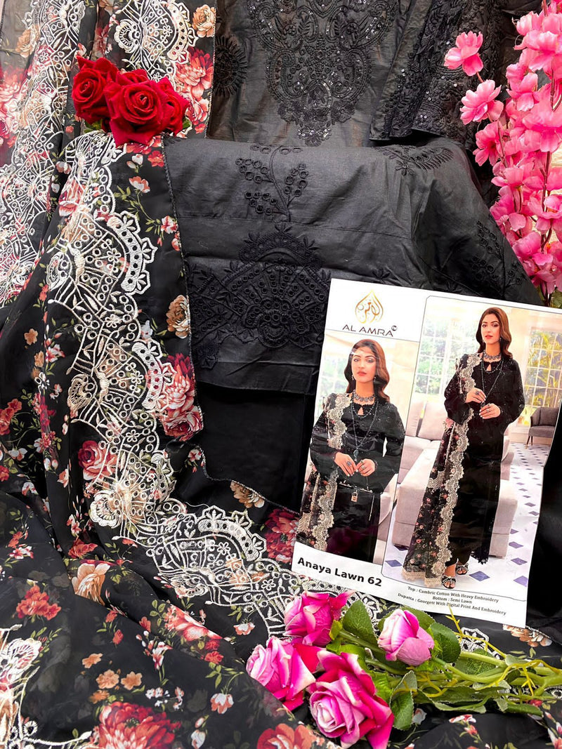 AL AMRA 62 CAMBRIC COTTON WITH HEAVY EMBROIDERED DESIGNER STYLISH PAKISTANI SUIT SINGLES