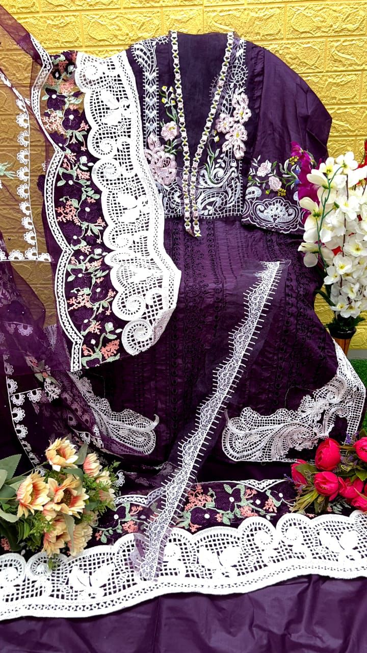 DINSAA D 196 G CAMBRIC COTTON WITH EMBRODRY CHIKANKARI DSIGNER PAKISTANI SUIT SINGLES