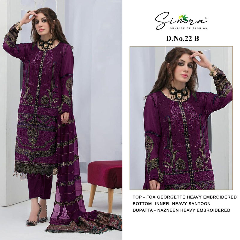 SIMRA S 22 B FOX GEORGETTE EMBROIDERED DESIGNER PARTY WEAR PAKISTANI SUIT SINGLES