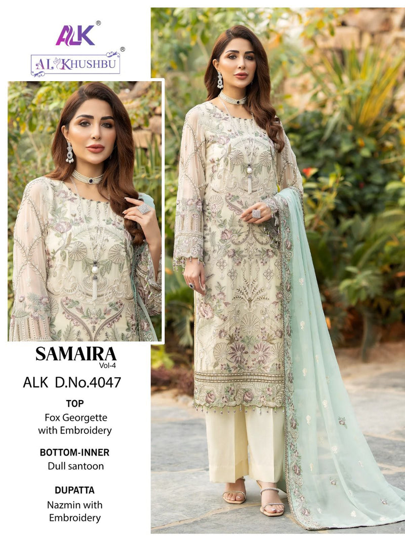 AL KHUSHBU ALK 4047  GEORGETTE WITH HEAVY EMBROIDERED WITH MOTI DESIGNER PAKISTANI SUIT SINGLES