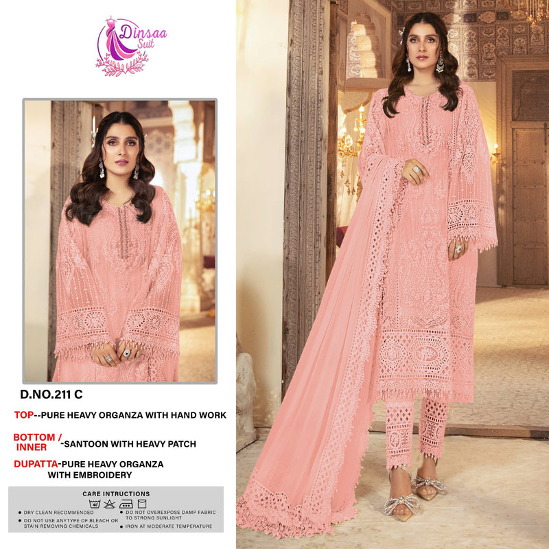 DINSAA D 211 C  ORGANZA EMBROIDERED WITH APLIQUE AND PEARL WORK DESIGNER  PAKISTANI SUIT SINGLES