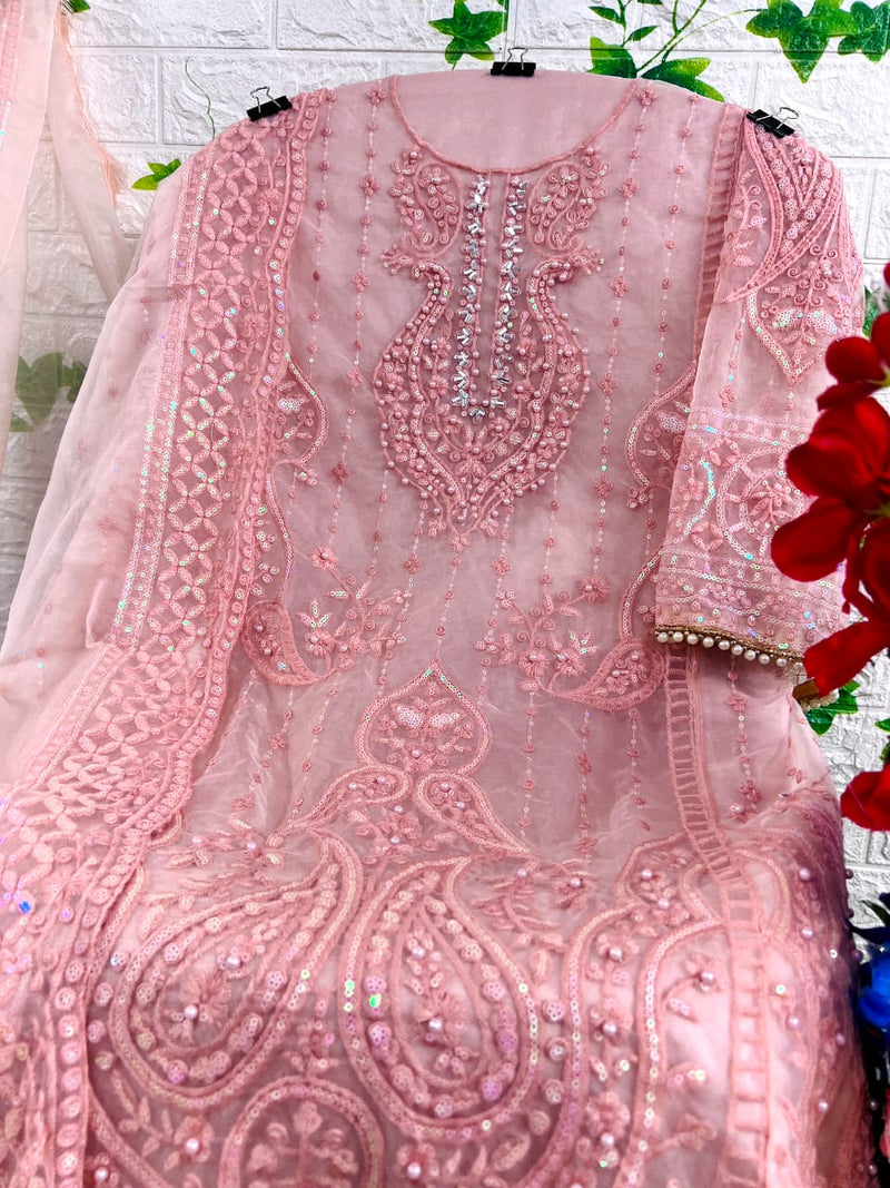 DINSAA D 211 C  ORGANZA EMBROIDERED WITH APLIQUE AND PEARL WORK DESIGNER  PAKISTANI SUIT SINGLES