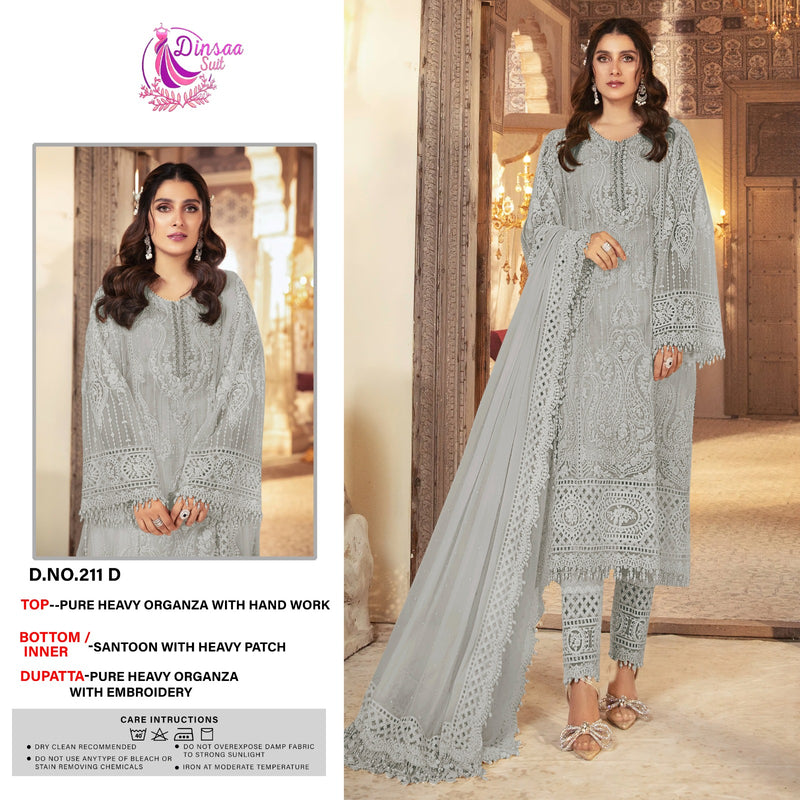 DINSAA D 211 D ORGANZA HEAVY EMBROIDERED DESIGNER STYLISH PAKISTANI SUIT SINGLES