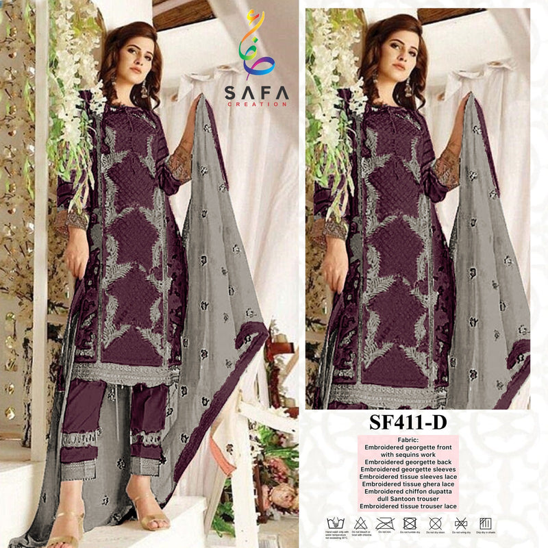 SAFA CREATION SF 411 D GEORGETTE HEAVY EMBROIDERED DESIGNER STYLISH WITH HAND WORK PAKISTANI SUIT SINGLES