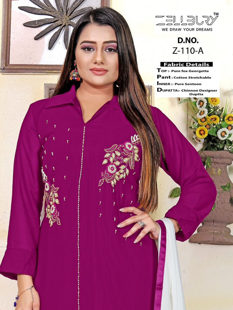 ZELLBURY Z 110 A FOX GEORGETTE HEAVY EMBROIDERED DESIGNER STYLISH WITH HAND WORK PAKISTANI KURTI SINGLES