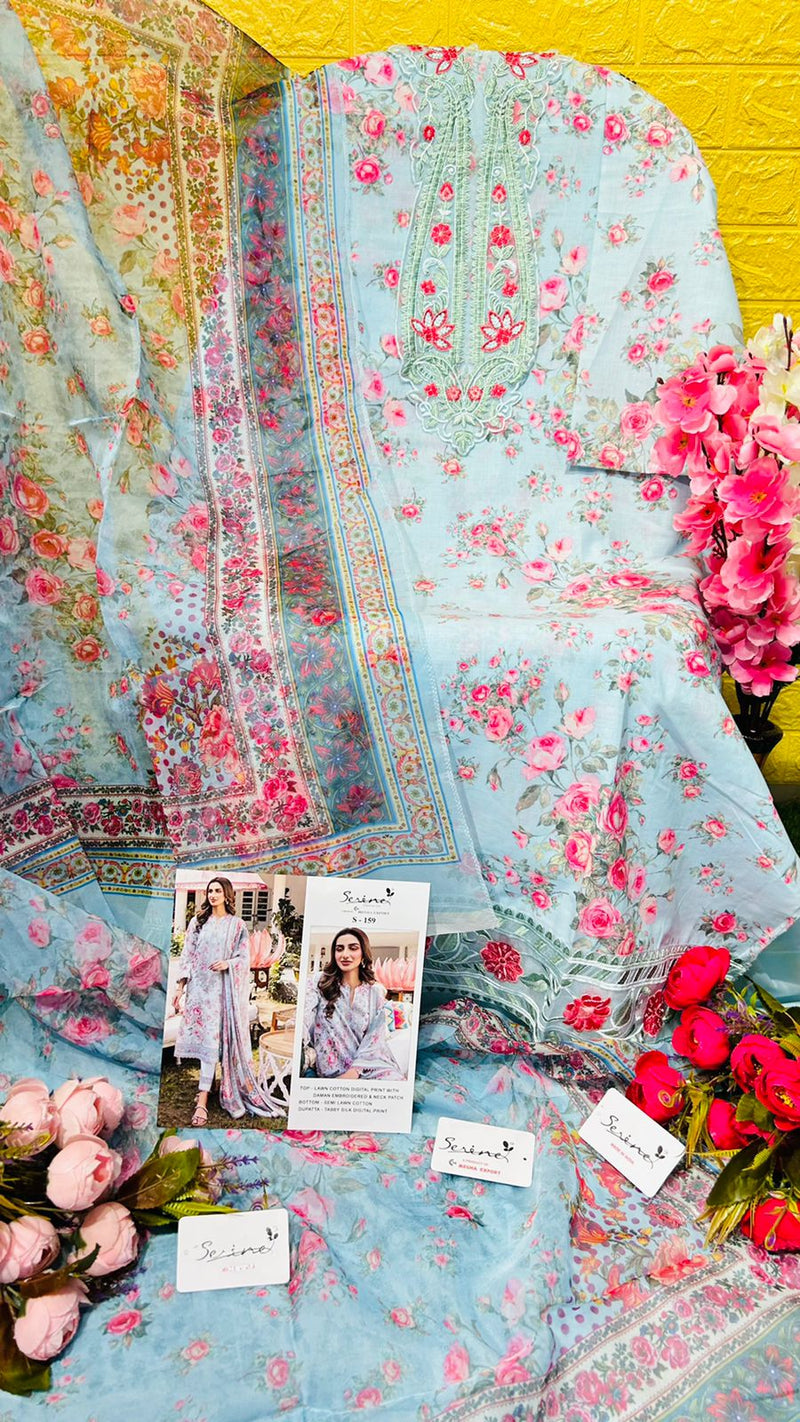 SERINE S 159 COTTON DIGITAL PRINTED WITH DAMAN EMBROIDERED AND NECK PATCH DESIGNER STYLISH PAKISTANI SUIT SINGLES