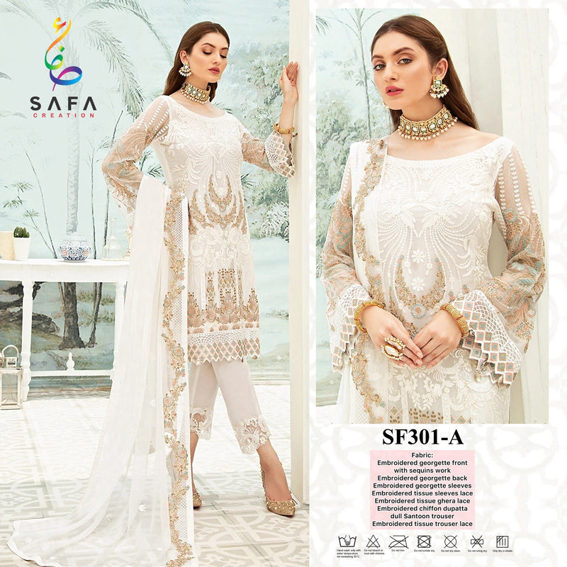 SAFA CREATION SF 301 A GEORGETTE HEAVY EMBROIDERED DESIGNER STYLISH WITH HAND WORK PAKISTANI SUIT SINGLES