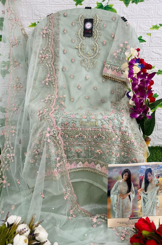 HOOR TEX H 17 A ORGANZA HEAVY EMBROIDERED DESIGNER STYLISH PARTY WEAR PAKISTANI SUIT SINGLES