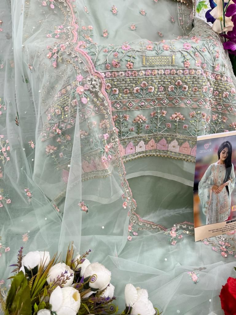 HOOR TEX H 17 A ORGANZA HEAVY EMBROIDERED DESIGNER STYLISH PARTY WEAR PAKISTANI SUIT SINGLES