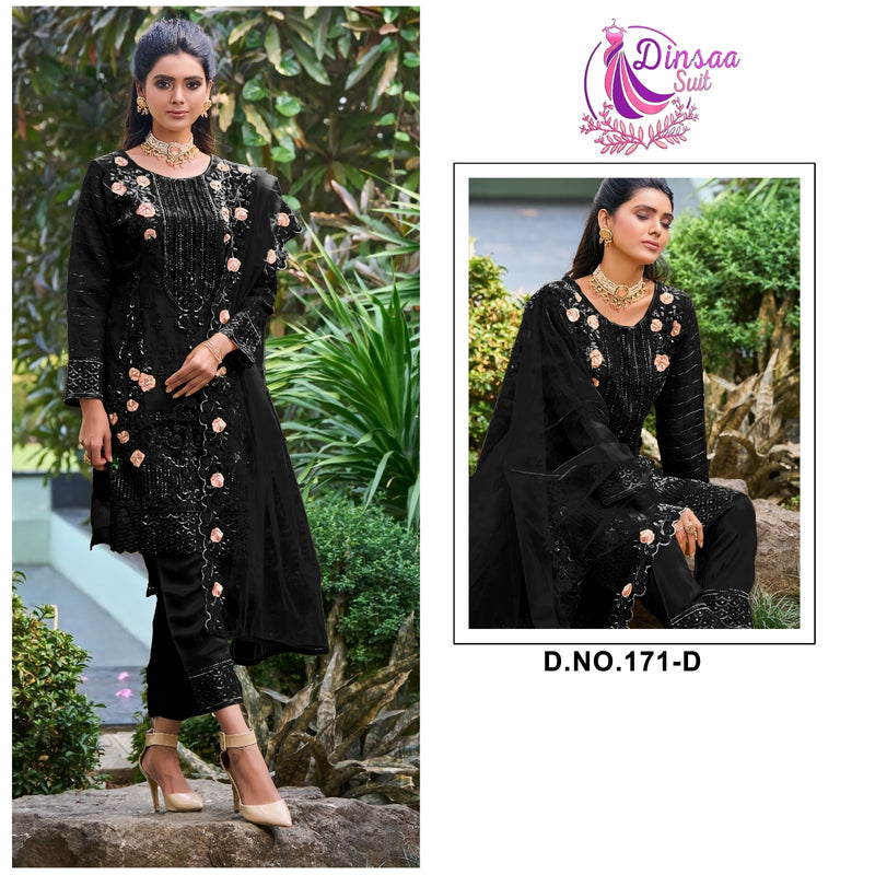 DINSAA D 171 D ORGANZA HEAVY EMBROIDERED DESIGNER STYLISH PARTY WEAR PAKISTANI SUIT SINGLES