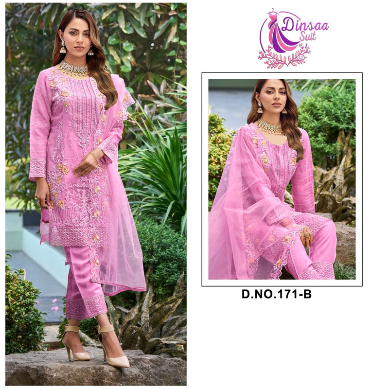 DINSAA D 171 B  ORGANZA HEAVY EMBROIDERED DESIGNER STYLISH PARTY WEAR PAKISTANI SUIT SINGLES