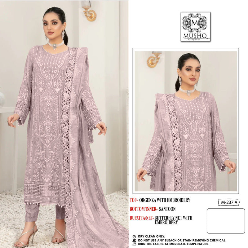 MUSHQ M 237 A ORGANZA EMBROIDERED WORK WITH DESIGNER STYLISH PARTY WEAR PAKISTANI SUIT SINGLES