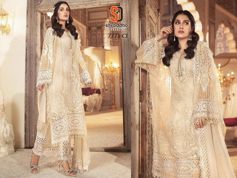 SHRADDHA DESIGNER SD 7773 FOX GEORGETTE  HEAVY NAZMEEN WITH EMBROIDERY WORK  DESIGNER STYLISH PAKISTANI SUIT SINGLES