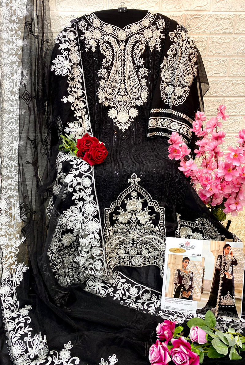 RAMSHA R 573 GEORGETTE HEAVY EMBROIDERED DESIGNER STYLISH PARTY WEAR PAKISTANI SUIT SINGLES