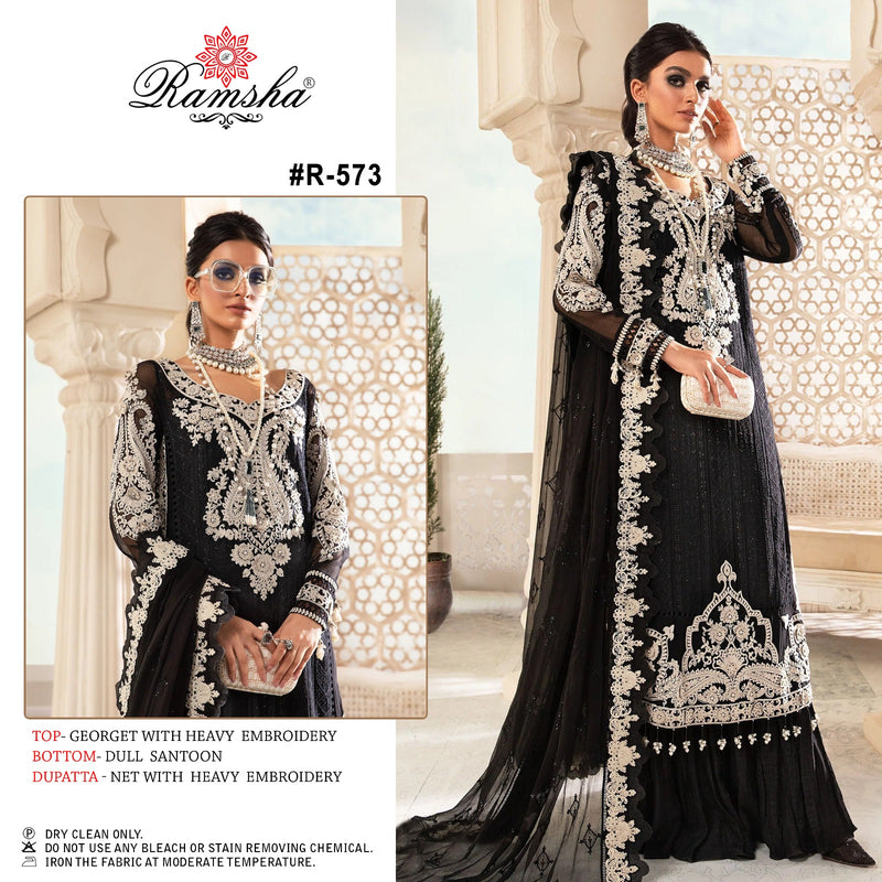 RAMSHA R 573 GEORGETTE HEAVY EMBROIDERED DESIGNER STYLISH PARTY WEAR PAKISTANI SUIT SINGLES