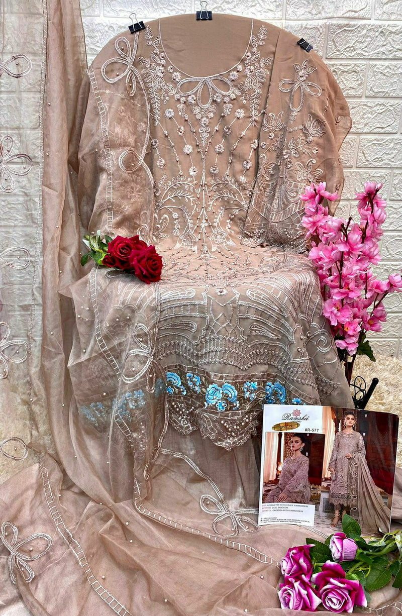 RAMSHA R 577 A GEORGETTE HEAVY EMBROIDERED DESIGNER STYLISH PARTY WEAR PAKISTANI SUIT SINGLES