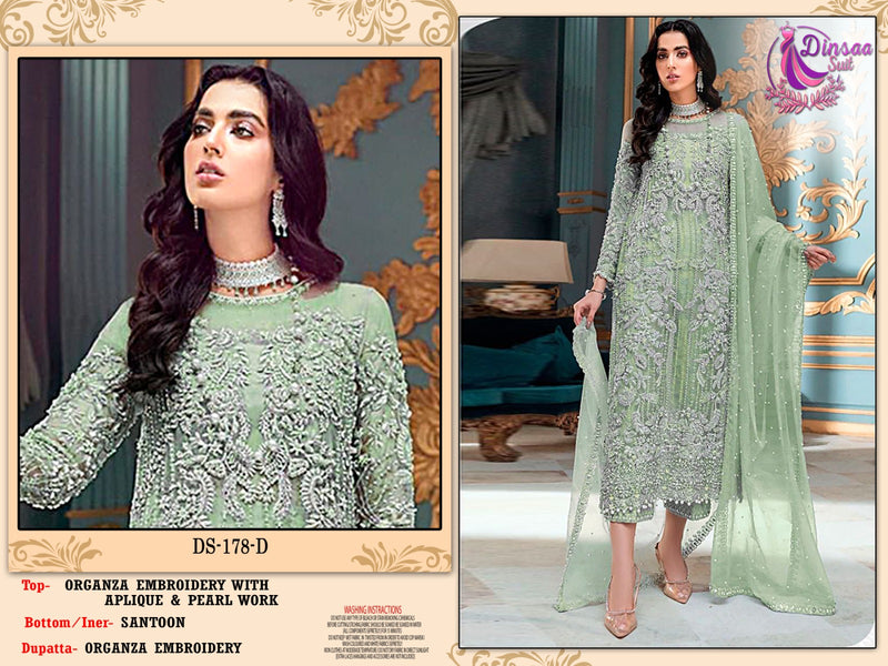 DINSAA D 178 D ORGANZA EMBROIDERED WITH APLIQUE AND PEARL WORK DESIGNER STYLISH PAKISTANI SUIT SINGLES