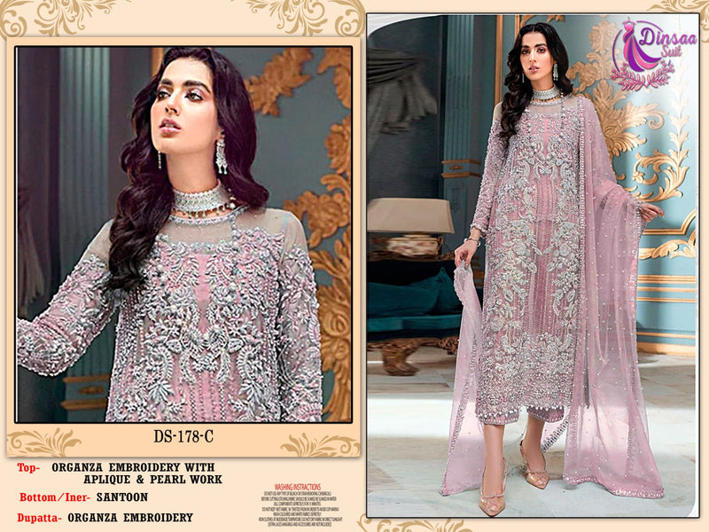 DINSAA D 178 C  ORGANZA EMBROIDERED WITH APLIQUE AND PEARL WORK DESIGNER STYLISH PAKISTANI SUIT SINGLES