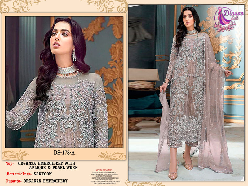 DINSAA D 178 A  ORGANZA EMBROIDERED WITH APLIQUE AND PEARL WORK DESIGNER STYLISH PAKISTANI SUIT SINGLES