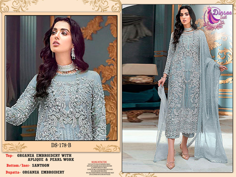 DINSAA D 178 B  ORGANZA EMBROIDERED WITH APLIQUE AND PEARL WORK DESIGNER STYLISH PAKISTANI SUIT SINGLES