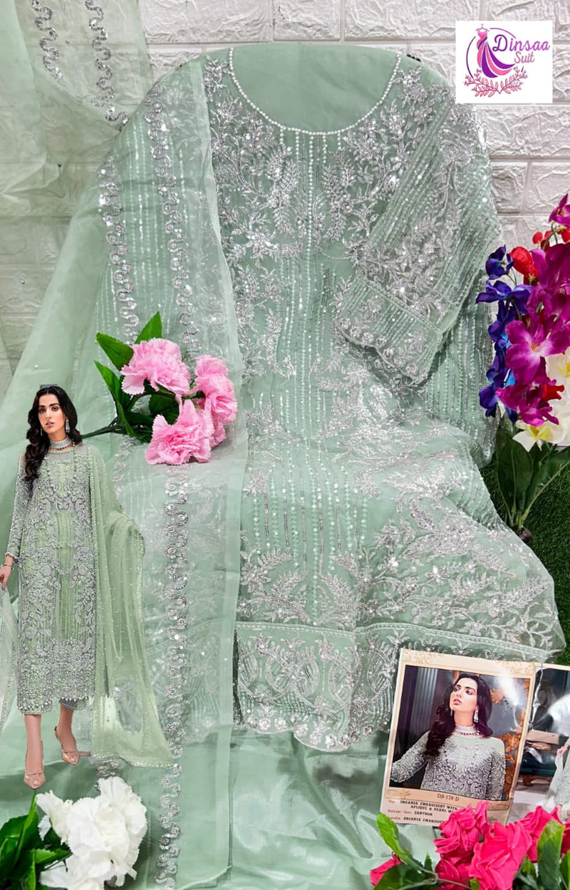 DINSAA D 178 D ORGANZA EMBROIDERED WITH APLIQUE AND PEARL WORK DESIGNER STYLISH PAKISTANI SUIT SINGLES