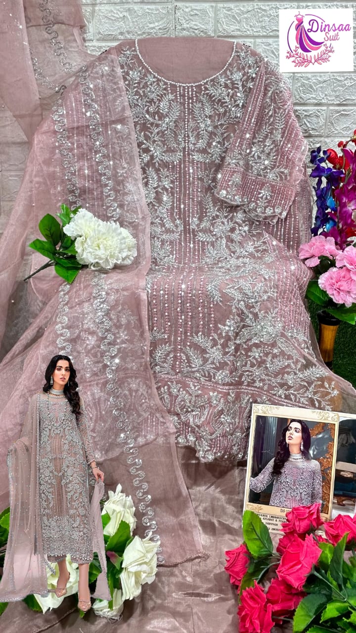 DINSAA D 178 A  ORGANZA EMBROIDERED WITH APLIQUE AND PEARL WORK DESIGNER STYLISH PAKISTANI SUIT SINGLES