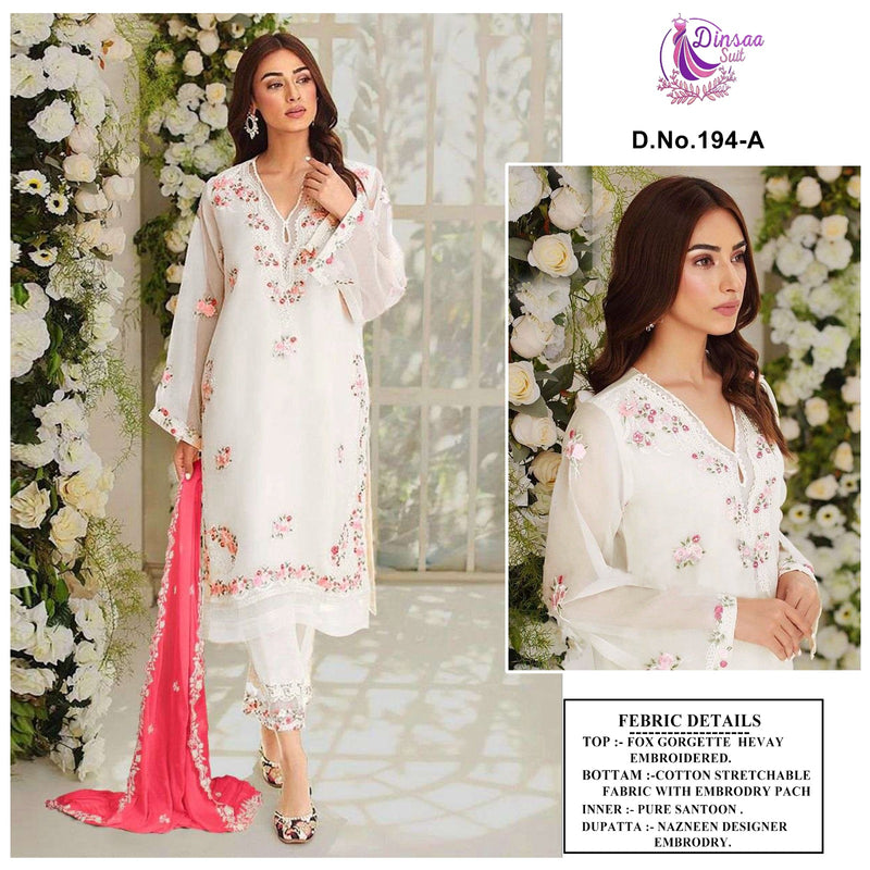 DINSAA D 194 A FOX GEORGETTE HEAVY EMBROIDERED DESIGNER STYLISH WITH HAND WORK PAKISTANI SUIT SINGLES