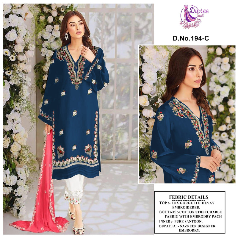 DINSAA D 194 C FOX GEORGETTE HEAVY EMBROIDERED DESIGNER STYLISH WITH HAND WORK PAKISTANI KURTI SINGLES