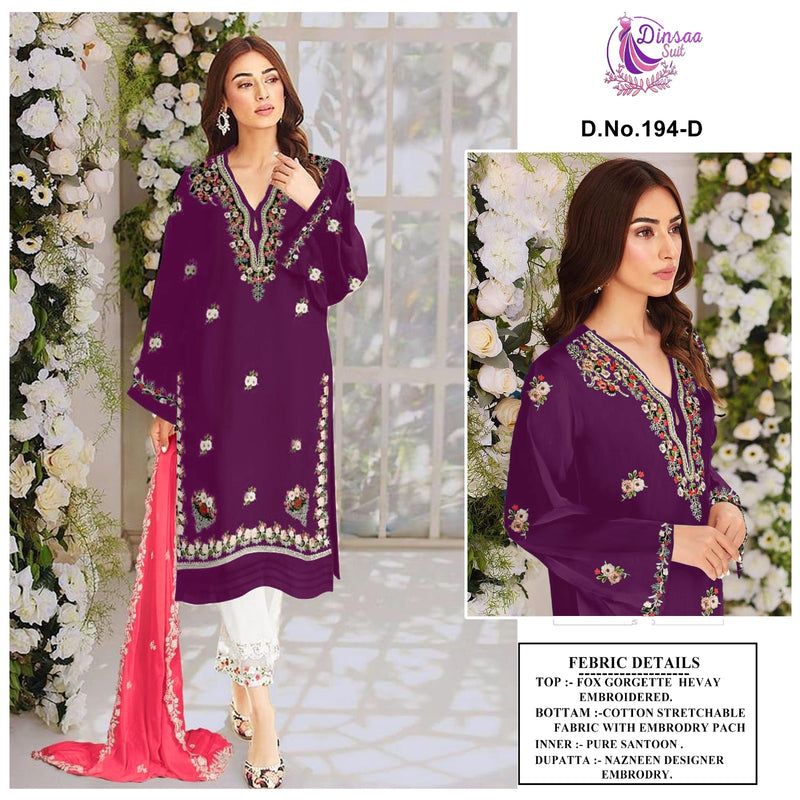 DINSAA D 194 D FOX GEORGETTE HEAVY EMBROIDERED DESIGNER STYLISH WITH HAND WORK PAKISTANI KURTI SINGLES