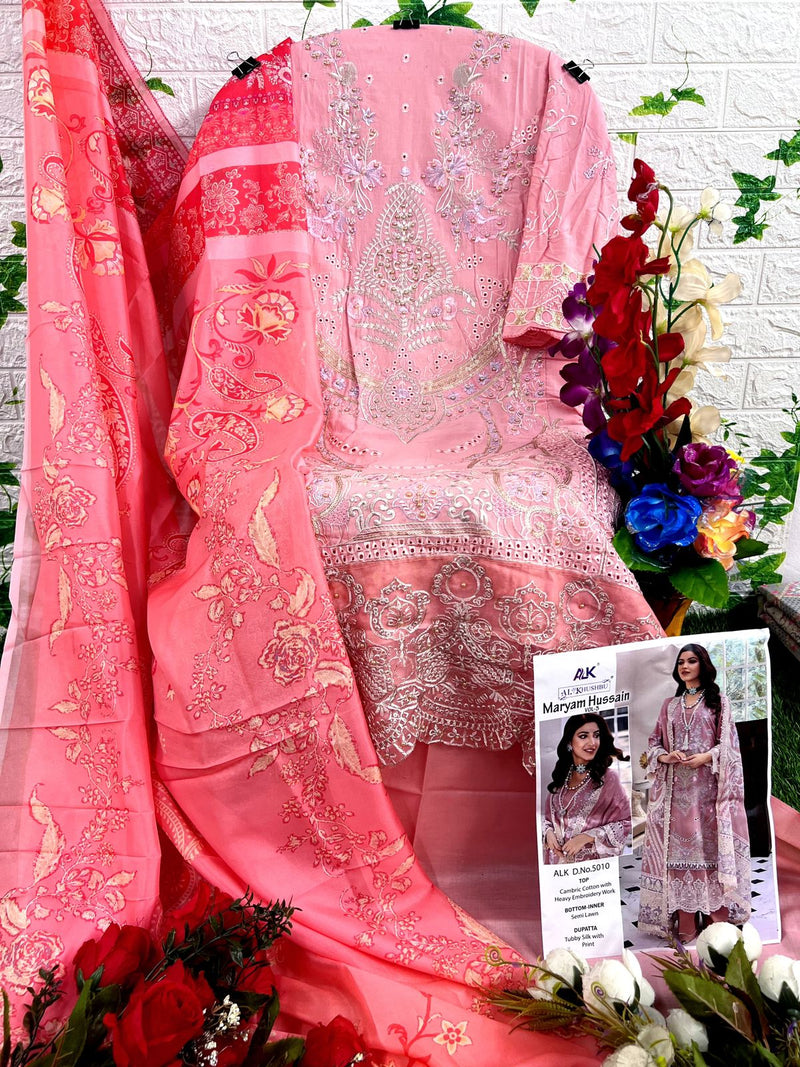 AL KHUSHBU ALK 5010 CAMBRIC COTTON HEAVY EMBROIDERED DESIGNER STYLISH PARTY WEAR PAKISTANI SUIT SINGLES